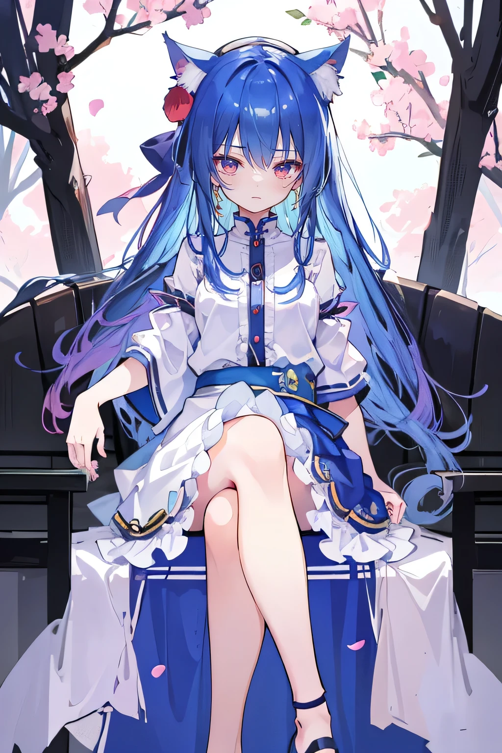 (masterpiece:1.2),Super detailed,lifelike,Expressive eyes,fair skin,perfect face shape,1 girl,
Japanese comics,Gorgeous blue hair,flowing blue hair,flowing clothes,Cat ears,Petals fall,beautiful lola,Baby Angel,
,Cross your legs,Gentle and peaceful background,The pavilion is cool and comfortable,