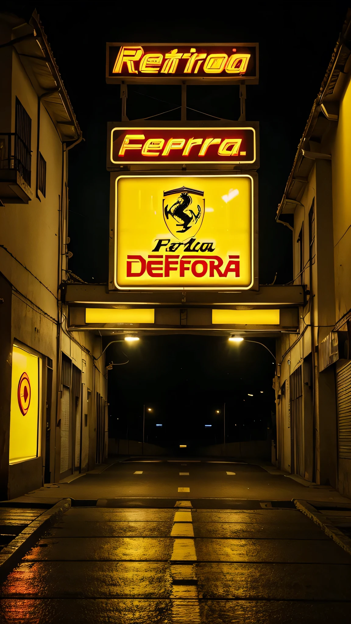 retrowave. citys, ferrari, Roadside, Yellow neon lights, moutain, (Masterpiece artwork, detailed, highres), super verbose, no girl