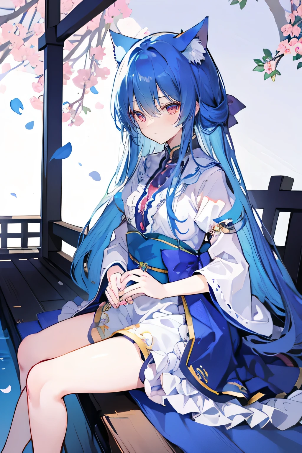 (masterpiece:1.2),Super detailed,lifelike,Expressive eyes,fair skin,perfect face shape,1 girl,
Japanese comics,Gorgeous blue hair,flowing blue hair,flowing clothes,Cat ears,Petals fall,beautiful lola,Baby Angel,
,Cross your legs,Gentle and peaceful background,The pavilion is cool and comfortable,