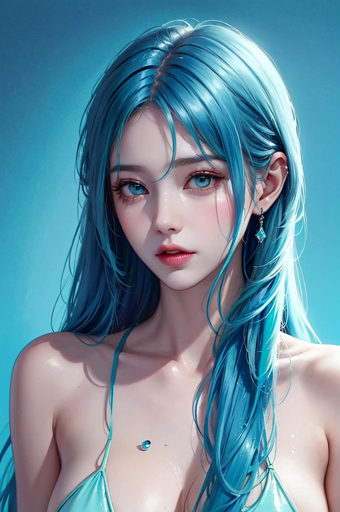 Beautiful supermodel woman with blue hair, hair with some highlights, green eyes, mixed media, wet paint, jewel beetle, color background, The color of the liquid flowing down your face, Photo by Jin Na-chan. - At 6 o&#39;clock&#39;clock