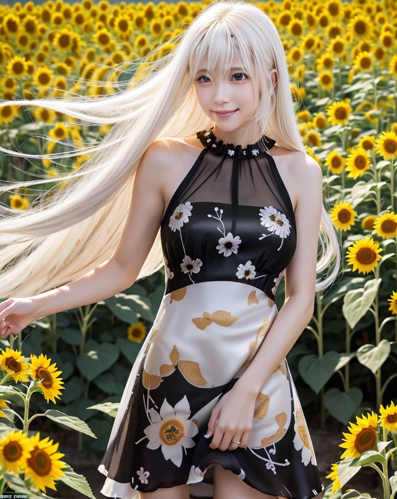 (Highest quality, 32k, High resolution, Masterpiece:1.5, ), marimo_jet, god々A photograph with brilliant dazzling and healing power., Evoking a sense of calm and elusive beauty, Expressing emotions, Have a rich imagination, Beautiful Japanese Girls, An exceptionally beautiful face, Small Face Beauty, Perfect Human Anatomy, Magical big eyes, Motherhood and generosity, Deep Love, fleeting smile, ((Shiny platinum blonde hair:1.4)), Super long straight silk hair swaying in the wind, Asymmetrical bangs, Hair between the eyes, Transparent, soft white skin, Sharp eyebrows, Thin lashes, Natural Makeup, Cheek highlighter, Detailed and perfect lips, Detailed and perfect teeth alignment, (black floral dress:1.7), High resolutionの完璧な鎖骨, High resolutionの美しい胸元, Slim figure with ample breasts, High resolutionの美しい太もも, ((Beautifully detailed skies:1.2)), ((Sunflower field stretching to the horizon:1.2)), Professional photographer, Professional Lighting, Professional models, god秘的