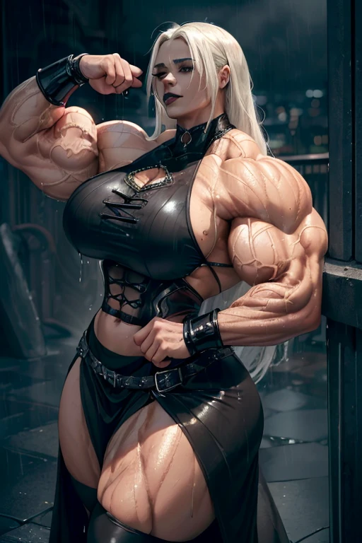 (((((Massive, beautiful, buff, wet, light brown skinned muscular woman with white hair, black lipstick, ginormous bulky muscles and dressed in a gothic top with a long gothic skirt))))), (close view), massive muscles, hyper muscles, long straight hair, ((black gothic top)), ((long gothic skirt)), blue eyes, choker, (long sleeve gauntlets), black boots, (in a heavy rainstorm Darkened city), (Dark and moody universe:1.3), evil smile, night, massive arms