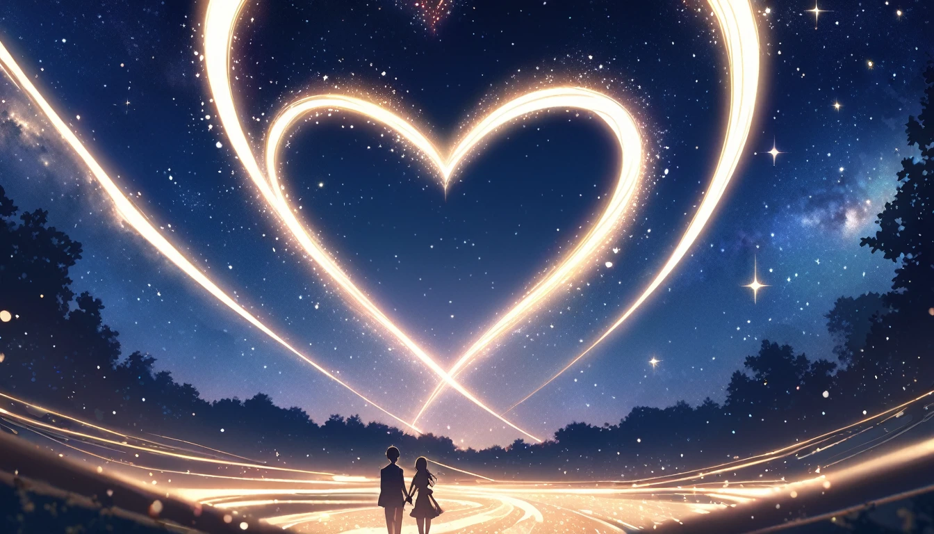 イラストを作成するためのpromptを以下に示します。Please input it into illustration generation AI or services and use it.。
prompt:
"A night sky filled with shimmering stars, each star glowing brightly. The scene radiates a sense of love and connection, as if the stars are illuminating feelings for someone special. In the background, A soft, gentle glow enhances the romantic atmosphere. The stars' light creates a pathway leading towards the horizon, symbolizing the bond between two hearts despite the distance."