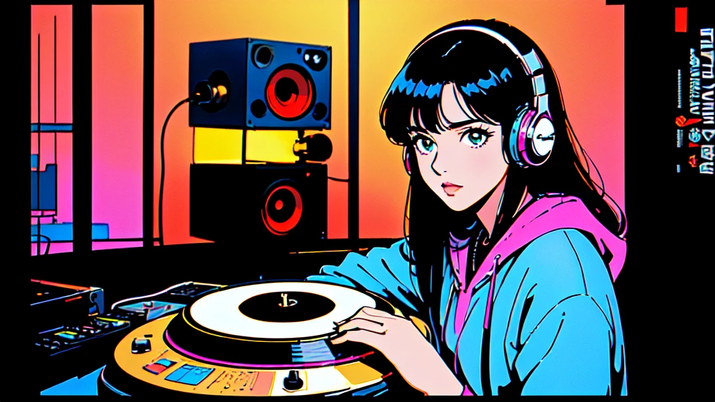 ((((dramatic))), (((Grainy))), (((intense))) Film Poster,(masterpiece:1.2, Highest quality), (live-action,),HIPHOP style.to,gangsta,stylish,,HIP HOP,simple,West Coast Style,bright、Headphones,Battle DJ,Highest quality,masterpiece,Ultra-high resolution,One girl, alone, Have, jewelry, Green Eyes, ring, Long Hair, Black Hair, sunglasses, necklace, chromatic aberration, Baseball cap, ,2D illustration, アニメ, Manga style, whole body,ASİAN, 1 Girl, Big Hair, Shortcuts, High resolution, masterpiece, Highest quality, High detail, High detailed eyes, Detailed Lips, High resolution, Super detailed, Realistic ratio, Anatomically correct, Beautiful young woman, whole bodyポートレート, Illustrator, アニメ , Realistic ,sketch , 1 Girl, ,Lip, hoodie,Order, the 90s, Neon Hair,Textured Trim, (masterpiece,Highest quality), lofi, Battle DJ girl in HIPHOP fashion wearing DJ headphones,Battle DJ girl in HIPHOP fashion wearing DJ headphones,Front view , Turntablist, DJ Scratch, Two large LED-illuminated speakers on each side, Immerse yourself in a neon-lit environment, In front of her is a music mixer and a turntable.、A record is placed on the turntable,ターンテーブルはTechnics SL-1200MK7, JQBert,