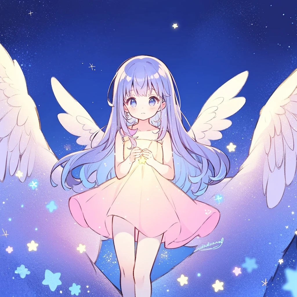 wishing star background, angel girl with black hair wearing an ethereal translucent Sleeveless pink short dress that reflects the stars, pale blue lilac hair, magical, whimsical, fantasia, dreamy, serene composition, masterpiece, best quality, perfection, complex drawing, highly detailed, ethereal, starry night, midjourney style