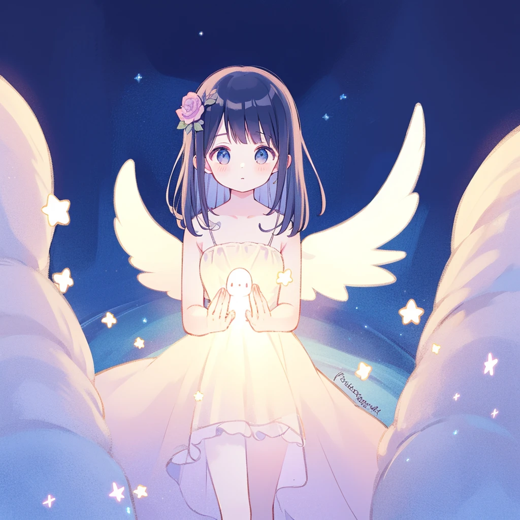 wishing star background, angel girl with black hair wearing an ethereal translucent Sleeveless pink short dress that reflects the stars, pale blue lilac hair, magical, whimsical, fantasia, dreamy, serene composition, masterpiece, best quality, perfection, complex drawing, highly detailed, ethereal, starry night, midjourney style