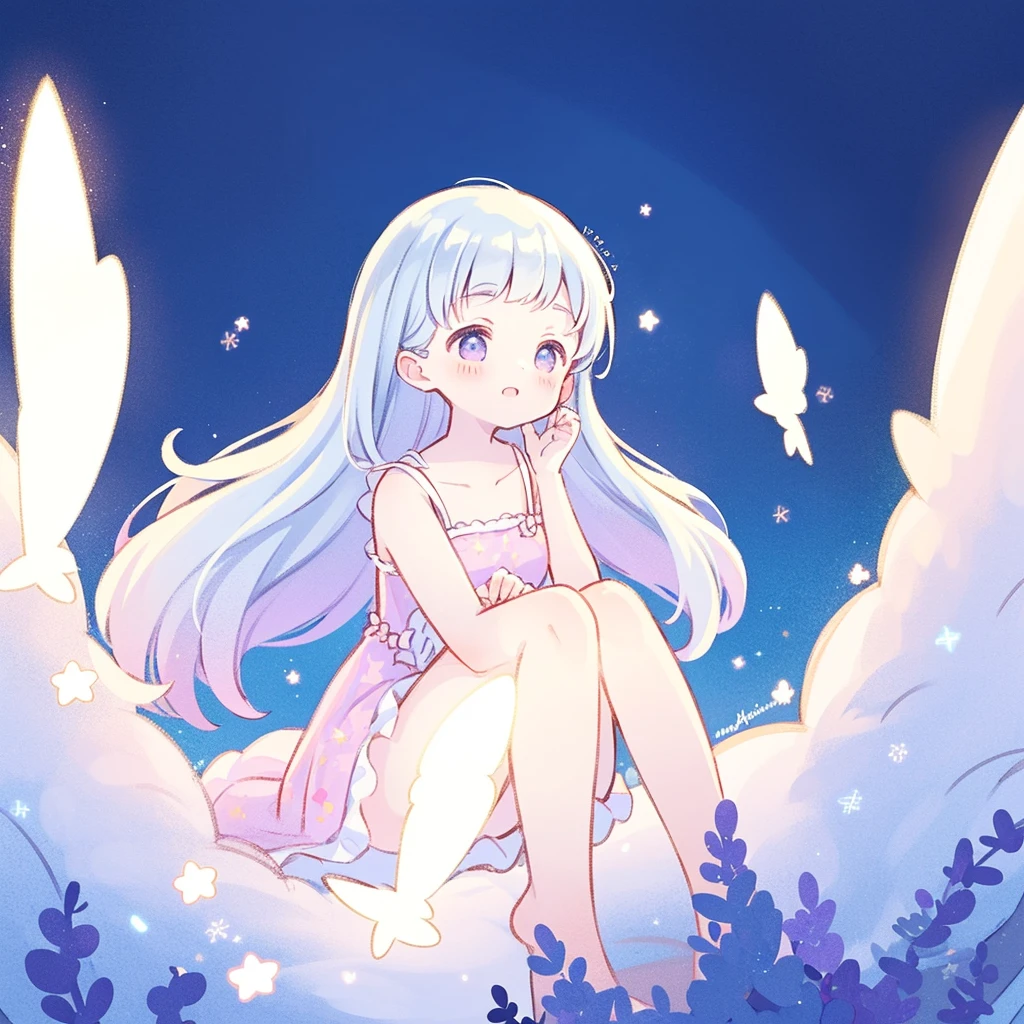 wishing star background, angel girl with black hair wearing an ethereal translucent Sleeveless pink short dress that reflects the stars, pale blue lilac hair, magical, whimsical, fantasia, dreamy, serene composition, masterpiece, best quality, perfection, complex drawing, highly detailed, ethereal, starry night, midjourney style