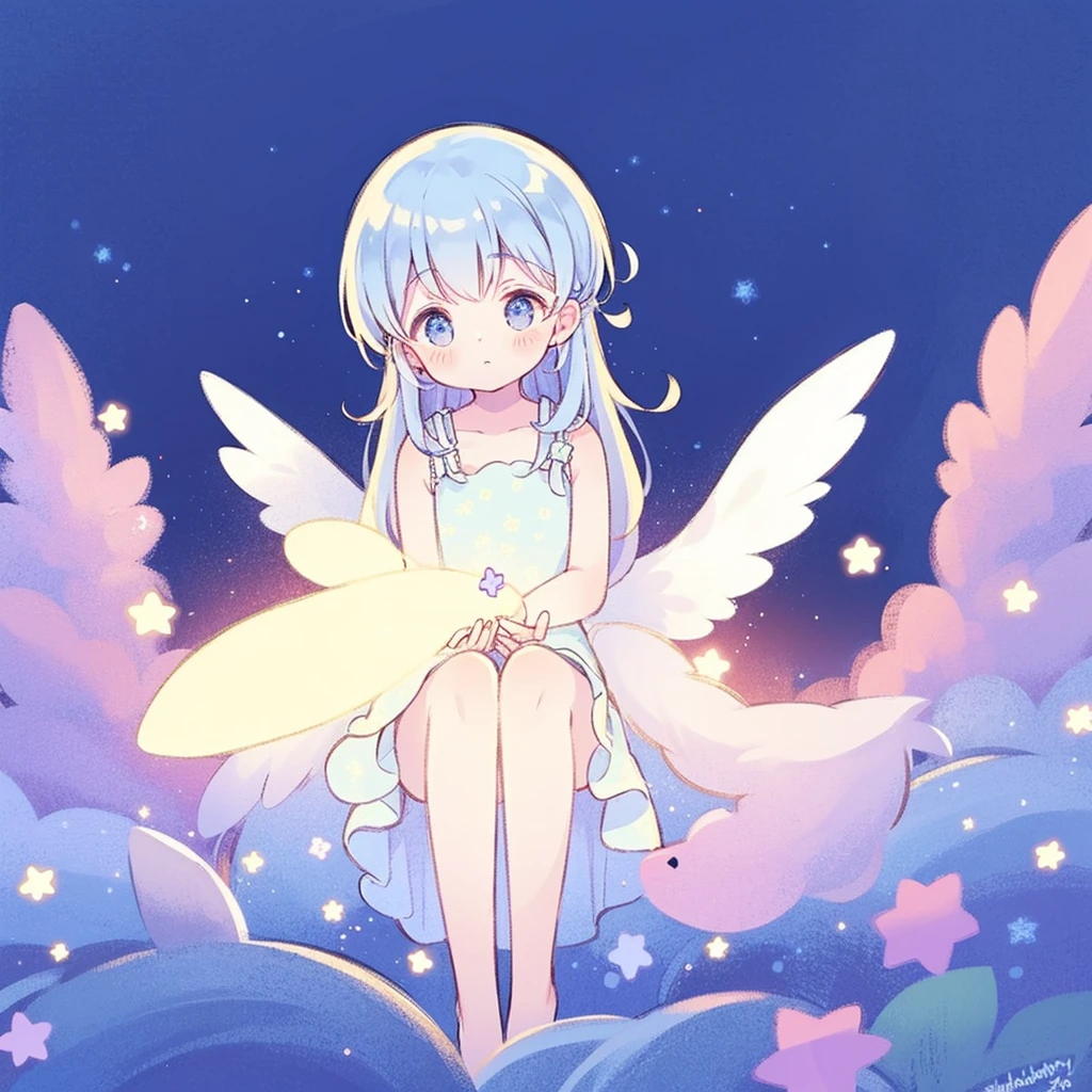 nude angel girl wearing an ethereal translucent dress, pale skin, ((wavy blue mint hair)), white feathers, angel wings, sparkling detailed eyes, golden ratio face, perfect composition, highly detailed, ethereal, (starry night sky background), midjourney style