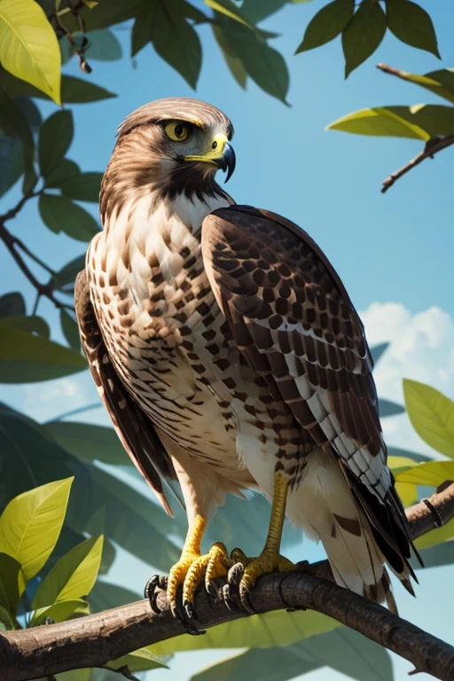 illustration of a hawk sitting on a branch on a summer morning