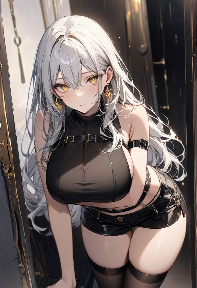 masterpiece, best quality, 1girl, solo, adult, black and white hair, long hair, earrings, gold yellow eyes, detailed face, black crop top, large breasts, shorts, stocking, arm belt, infront of viewer, empty look,