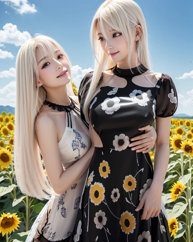 (Highest quality, 32k, High resolution, Masterpiece:1.5, ), marimo_jet, god々A photograph with brilliant dazzling and healing power., Evoking a sense of calm and elusive beauty, Expressing emotions, Have a rich imagination, Beautiful Japanese Girls, An exceptionally beautiful face, Small Face Beauty, Perfect Human Anatomy, Magical big eyes, Motherhood and generosity, Deep Love, fleeting smile, ((Shiny platinum blonde hair:1.4)), Super long straight silk hair swaying in the wind, Asymmetrical bangs, Hair between the eyes, Transparent, soft white skin, Sharp eyebrows, Thin lashes, Natural Makeup, Cheek highlighter, Detailed and perfect lips, Detailed and perfect teeth alignment, (black floral dress:1.7), High resolutionの完璧な鎖骨, High resolutionの美しい胸元, Slim figure with ample breasts, High resolutionの美しい太もも, ((Beautifully detailed skies:1.2)), ((Sunflower field stretching to the horizon:1.2)), Professional photographer, Professional Lighting, Professional models, god秘的