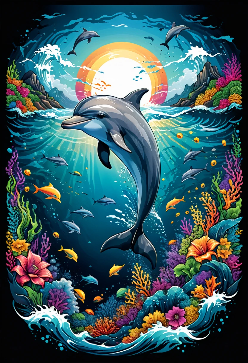 Vector art for t-shirt with a colorful illustration of a dolphin in the middle of the sea, ultra HD, High detail at 32k, background with black border (work of art, best qualityer, proffesional, perfect composition, very aesthetic, absurdrez, super verbose, details Intricate:1.3), t-shirt designs