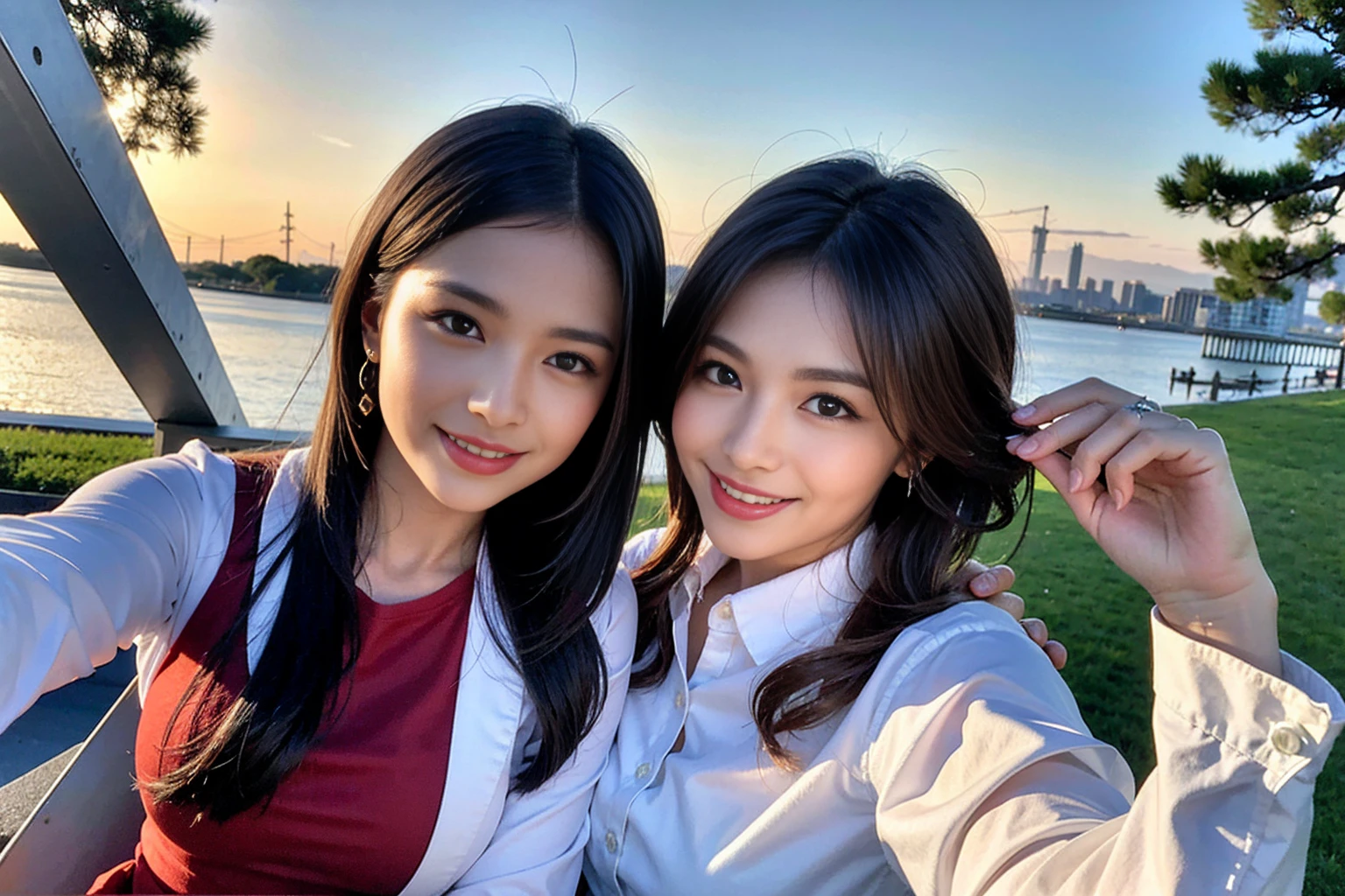 ((Highest quality、、masterpiece:1.3))、1 male、1 female,44 years old 39 years old、Shine the light on my face、Slim Beauty、Beautiful couple、Upper Body、smile、 (Slim face), (the body is スリム), (Brown Hair), (Shortcuts), テーブルのフルコースディナーとwine glass、Amazing view of the sunset sky and clouds、smileの美しさ、Wine bottle、sparkling wine、Long sleeve shirt、dress、White wine, red wine, wine glass, Beautiful fine grain, Depth f/2,saturation, High Contrast, Strong light and shadow,Moist Body:1.5、 texture、The hair is very shiny、