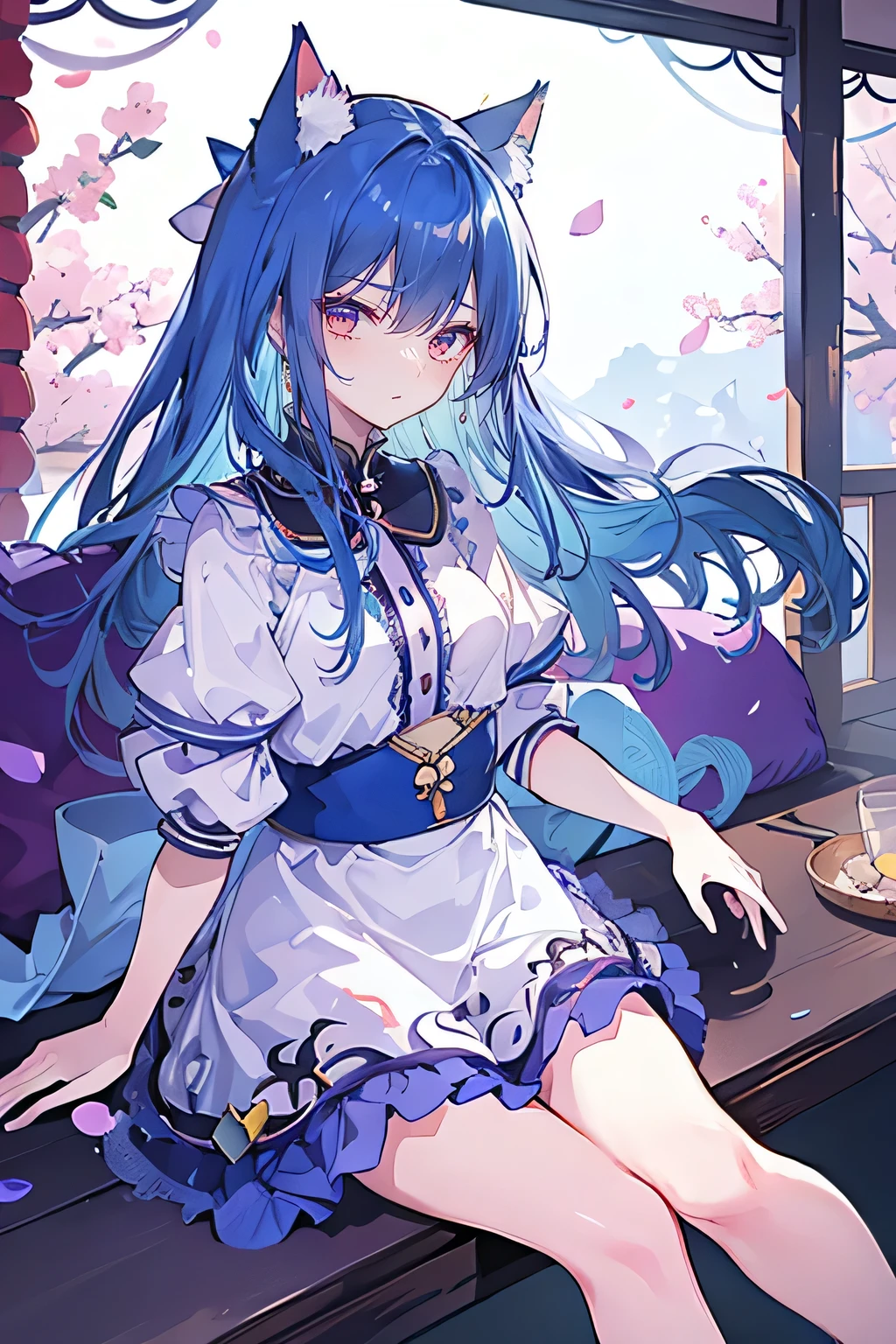 (masterpiece:1.2),Super detailed,lifelike,Expressive eyes,fair skin,perfect face shape,1 girl,
Japanese comics,Gorgeous blue hair,flowing blue hair,flowing clothes,Cat ears,Petals fall,beautiful lola,Baby Angel,
,Cross your legs,Gentle and peaceful background,The pavilion is cool and comfortable,
