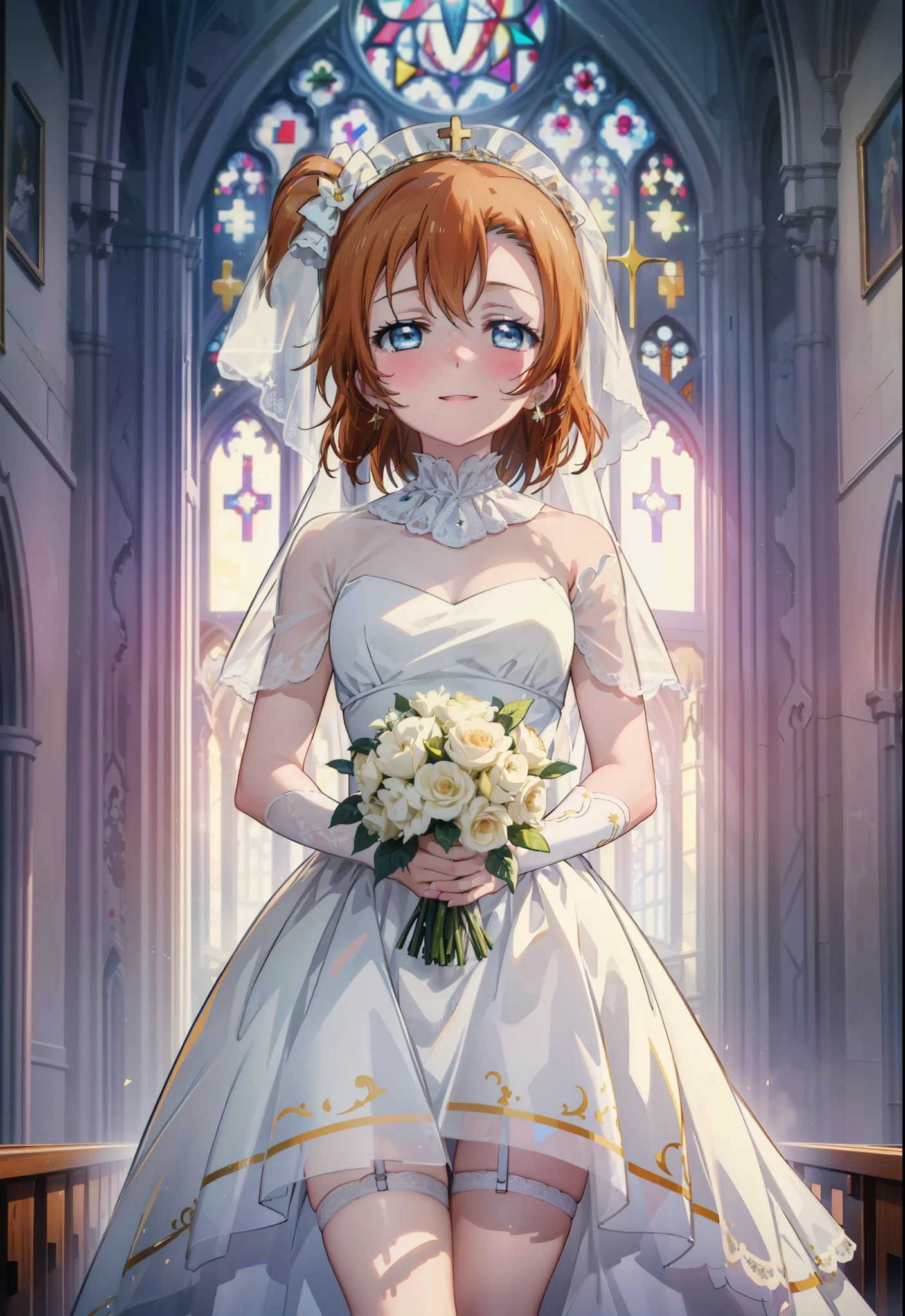 Highest quality, masterpiece, High resolution, alone, {Honoka Takasaka　lovelive:1.15}, blue eyes, Orange Hair,short hair ,blush,happy smile, smile, Open your mouth,Wedding dress,Veil,bouquet,　　　　　　　　　　　　 
 break looking at viewer, whole body,(Cowboy Shot:1. 5) 　　　　　　　　　　　　　　　　　　　break indoors, Chapel,church, 　　　　　　　　　　　break (masterpiece:1.2), Highest quality, High resolution, unity 8k wallpaper, (shape:0.8), (Beautiful attention to detail:1.6), Highly detailed face, Perfect lighting, Extremely detailed CG, (Perfect hands, Perfect Anatomy),