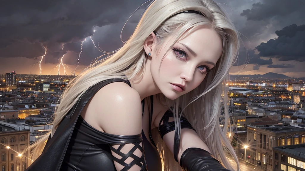 Masterpiece, Doro Pesch, high resolution, perfect body, city behind,night, storm cloudy windy with lightning, ultra detailed, aesthetic, masterpiece, best quality, photorealistic, close up, upper body