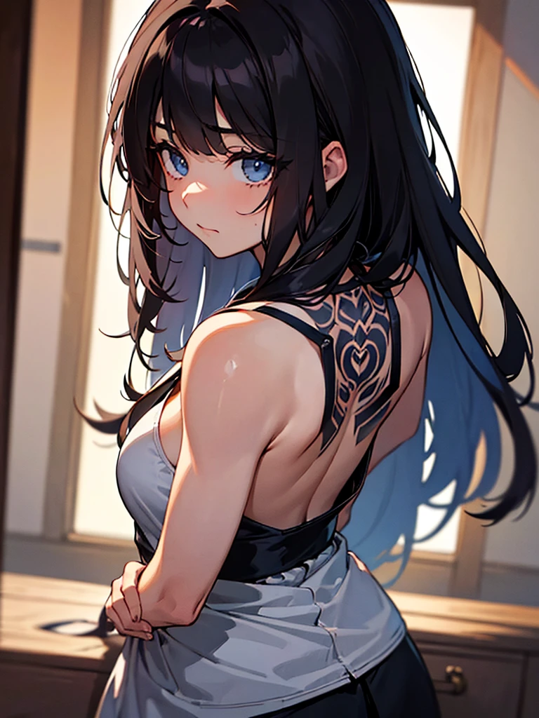 (masterpiece、top-quality、hight resolution), Create an image of a woman showing her back with a large tattoo covering it to a man who just confessed his love to her. The scene is set in a dark room with a spotlight on the woman's back, highlighting the intricate tattoo. The woman's expression should convey a mix of regret and sternness as she says, "You shouldn't fall in love with a woman like me, kid." The perspective is from the man's viewpoint, capturing the woman's back and the dark, ominous room.