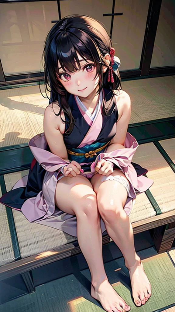 Meiji tatami、Sitting upright with shoulders exposed、Black Hair、hostel、kimono、stand、barefoot、skirtlift,pink panty