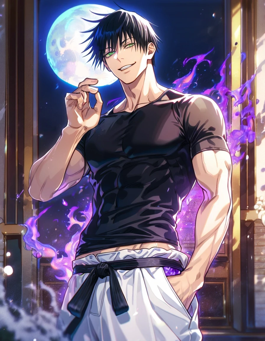 Ultra detailed, HDR, Highres, absurdres, master piece, Fushiguro Touji, black hair, expressive green eyes, Jujutsu Kaisen, handsome, sexy man, solo, black tight shirt, purple aura, handsome smile, best quality, blue moon, 8K, white baggy pants
