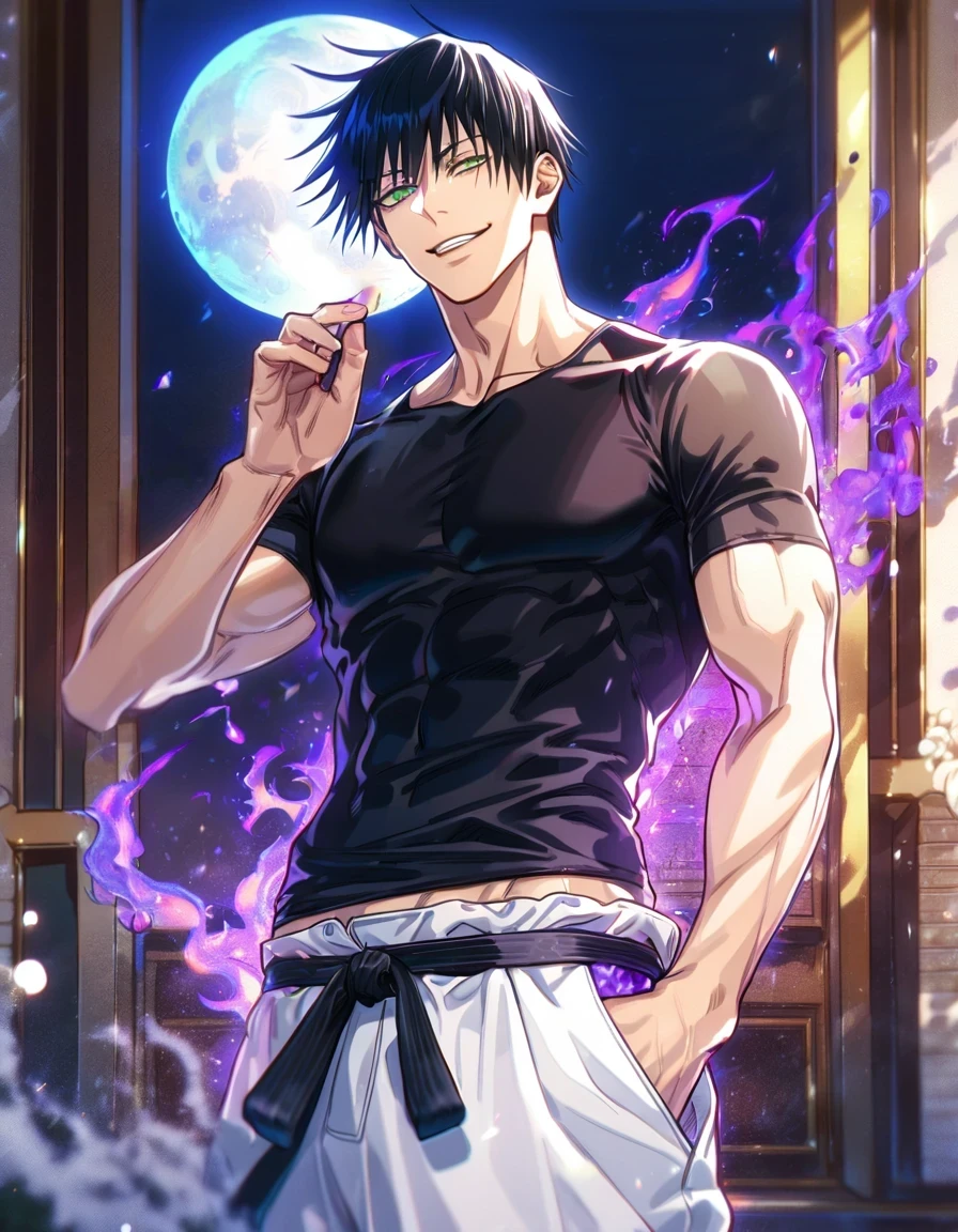masterpiece,solo slim samurai boy,black hair reaching to the ear,big eyes,no pubic hair,depilated, looking at viewer, naked chest, against the background of the moon with stars, sitting on the grass,happy face,in the background there are flashes of fireflies and Japanese pumpkin style lanterns,lilies