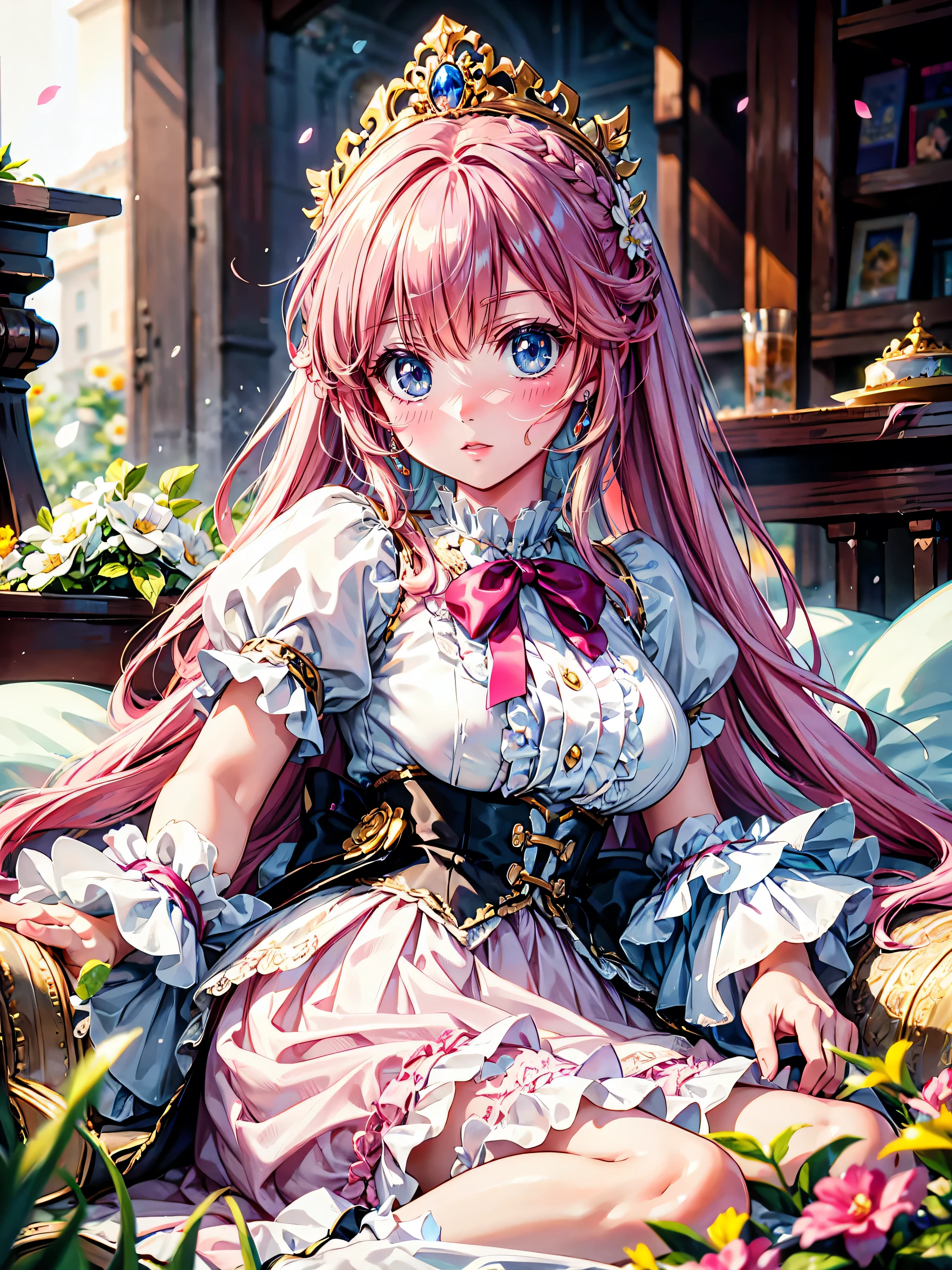 anime moe art style, ((Masterpiece, ultra detailed, exquisite quality)), (((young face solo princess))), (dress light yellow dress), (((ultra elaborate gorgeous rococo victorian gown with voluminous hoopskirt and long hems and lot of frills and pleats dense lace and cute ribbon, princess style skirt, ultra lovely gown))), (((hair pink hair))), ((fluffy long ponytail)), (Expressive very voluminous hair), ((huge breasts)), breasts cleavage, (((lying on one’s back, spread legs, front view))), super delicate face, kawaii face, (hyper detail delicate eyes, hyper beautiful eyes), (eyes blue eyes), (((So lot's of colorful flowers))), ((face focus, eyes focus, blurry background:1.5)), (isometric 3D:1.3), particle effect,