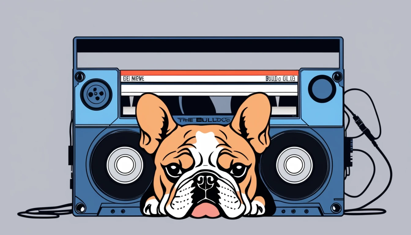 The cassette tape placed at the front、Realistic cassette tape size、Cassette tape facing forward、bulldog、Lying down、Gray background、headphone