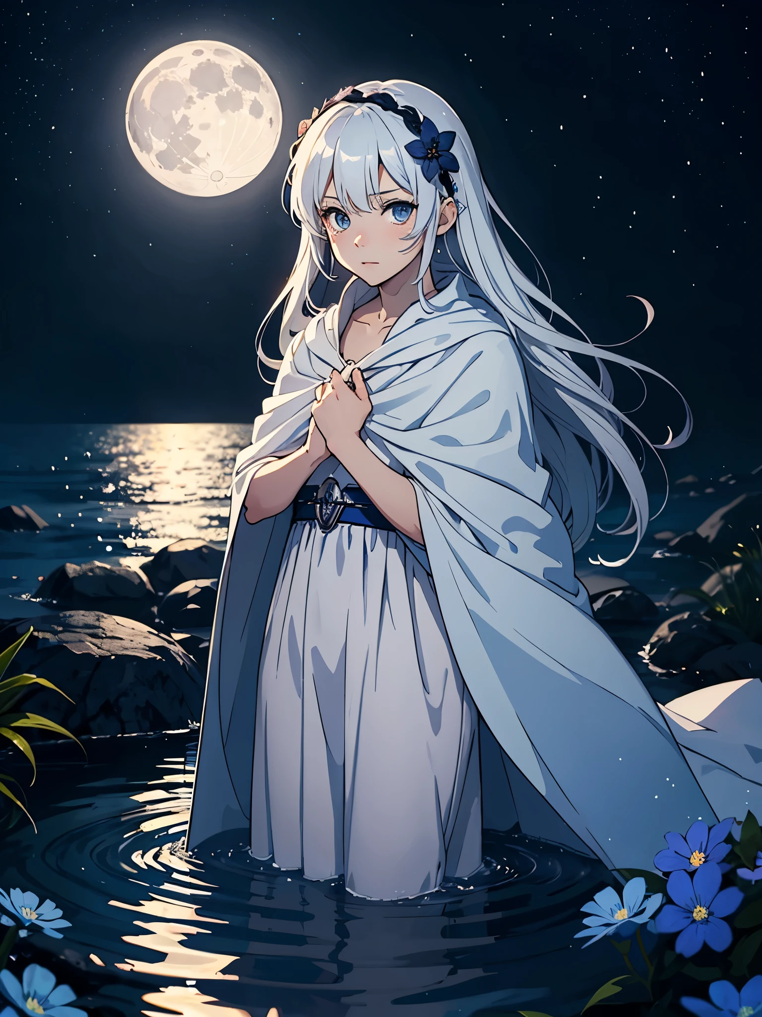 Hellblau. Blaues licht. ???. cutie pie. Younger. More anime. male. Light Blue flowers. Long hair. long white hair. aquatic, boy, God of the Moon, silver hair accessories, White hair, White dress, cape, at night.