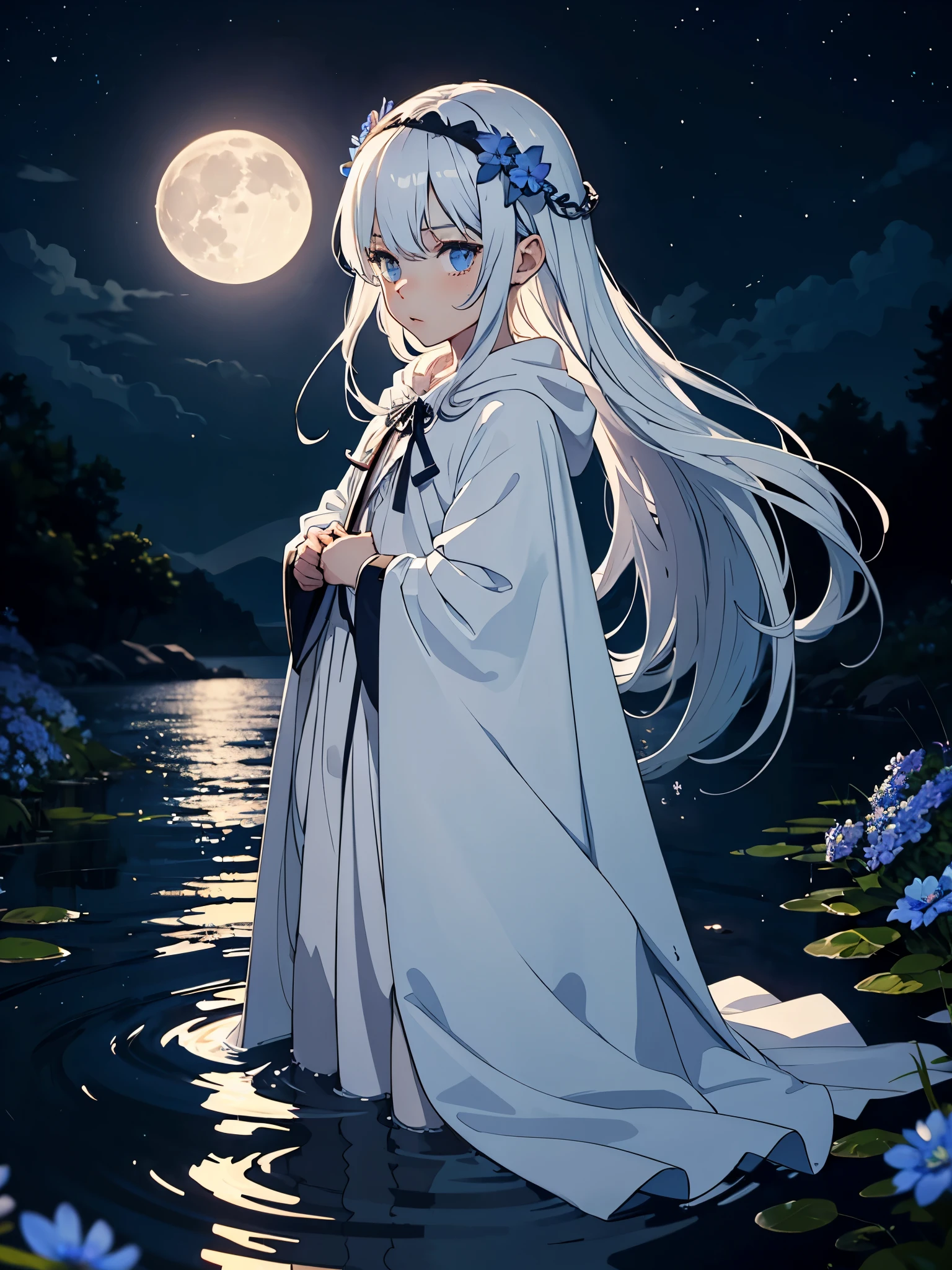 Hellblau. Blaues licht. ???. cutie pie. Younger. More anime. male. Light Blue flowers. Long hair. long white hair. aquatic, boy, God of the Moon, silver hair accessories, White hair, White dress, cape, at night.
