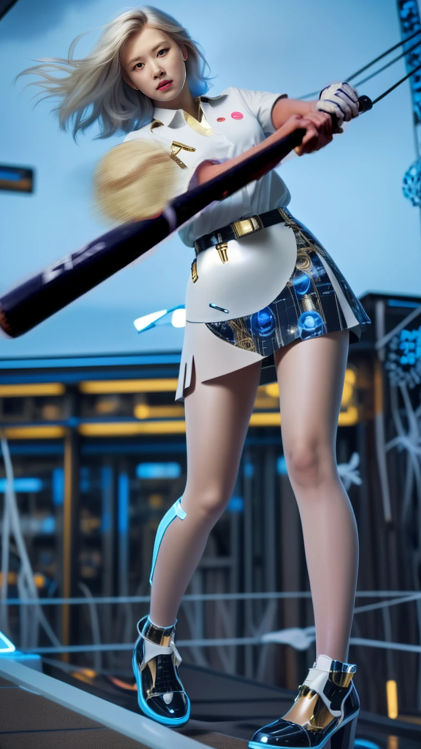 there is a woman in a short skirt holding a baseball bat, azur lane style, from the azur lane videogame, highly detailed giantess shot, m4 sopmod ii girls frontline, thighhighs and skirt, cyberpunk 2 0 y. o model girl, perfect android girl, android heroine, fine details. girls frontline, closeup shot, inspired by Leng Mei