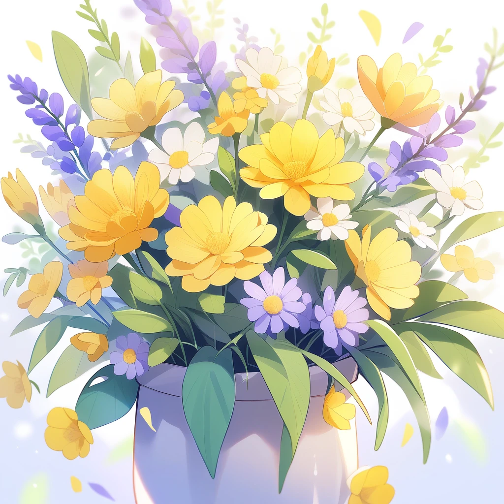Yellow budgerigar　a lot　flower　beautiful　Gentle colors