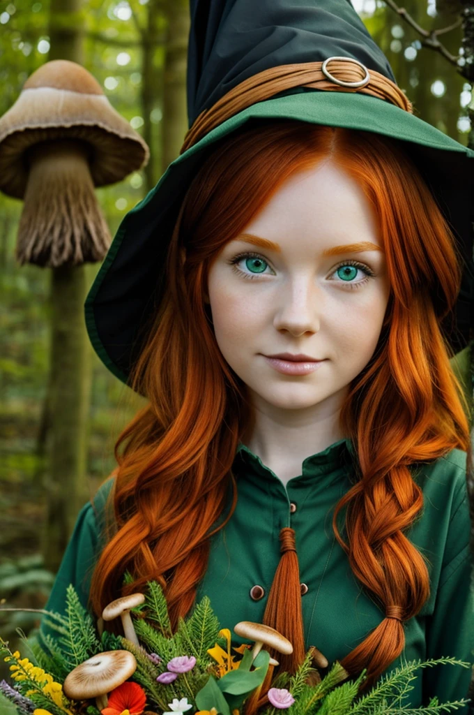 Cartoon Ginger hair girl with green eyes, wearing a witch hat with mushrooms, flowers and nature