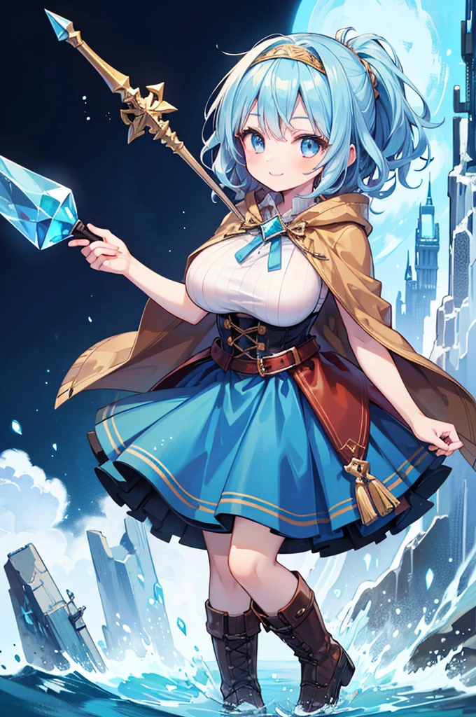 Fantasy,((Masterpiece)),((high resolution)),((Best Quality)),Anime illustration,((1girl)),(wavy hair),(short hair),(pale blue hair color),small ponytail,headband,Indigo eyes,(Big round eyes),((tareme)),12 years old,((baby face)),(((very big breasts))),Short stature,Young,(loli),,ice wizard,sleeveless white blouse,Blue mini skirt,slit,Brown corset,brown capelet,smile,,Brown long boots,wizard's wand with blue gem,