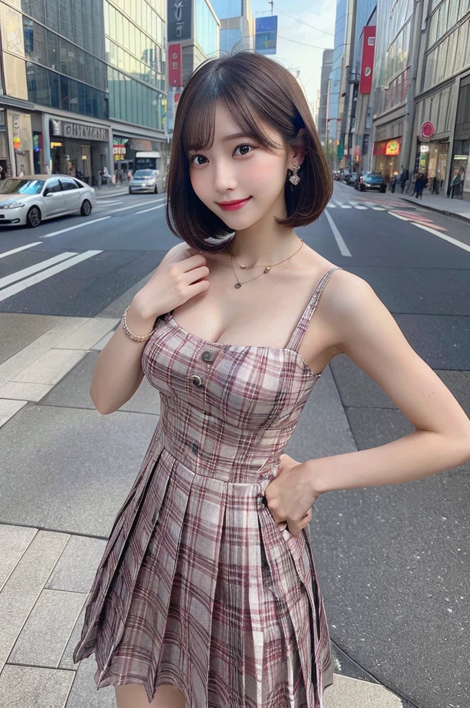 (8k, RAW photo, top quality, masterpiece: 1.2), (realistic, photorealistic: 1.37), three-dimensional, ultra detail, ultra high resolution, beautiful detailed face, one girl, beholder, constriction, slim waist, beautiful detailed skin, skin texture, floating hair, professional lighting, (Japanese beautiful and cute girl:1.2), long hair, bob cut, beautiful hair, 20 years old, attractive breasts, (round breasts:1.2), (huge breasts:1.2), look at viewer, full body, in the city sidewalk, (smiles:1.1), bracelet, earing, necklace, (fancy dress, pleated dress),