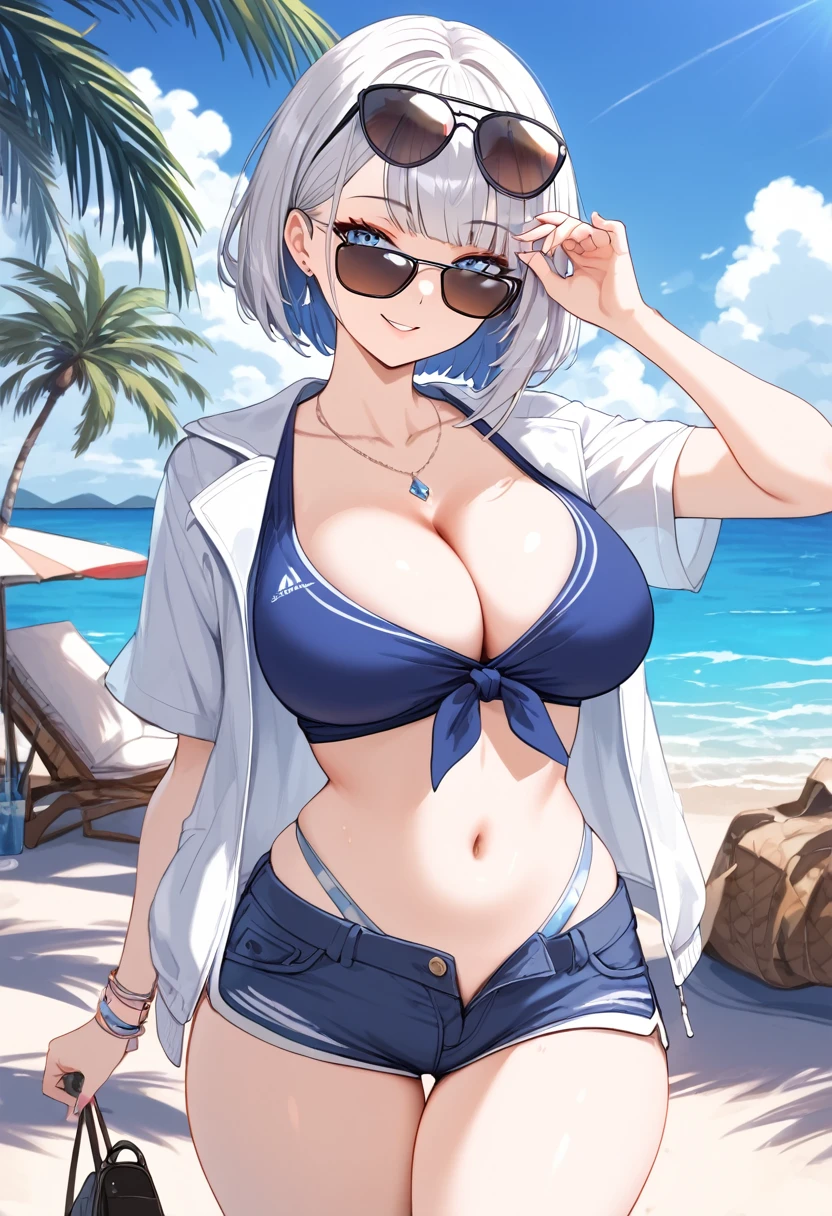 1girl, ultra high res, large chest, cleavage, shorts, exposed tummy, shorts, sunglasses