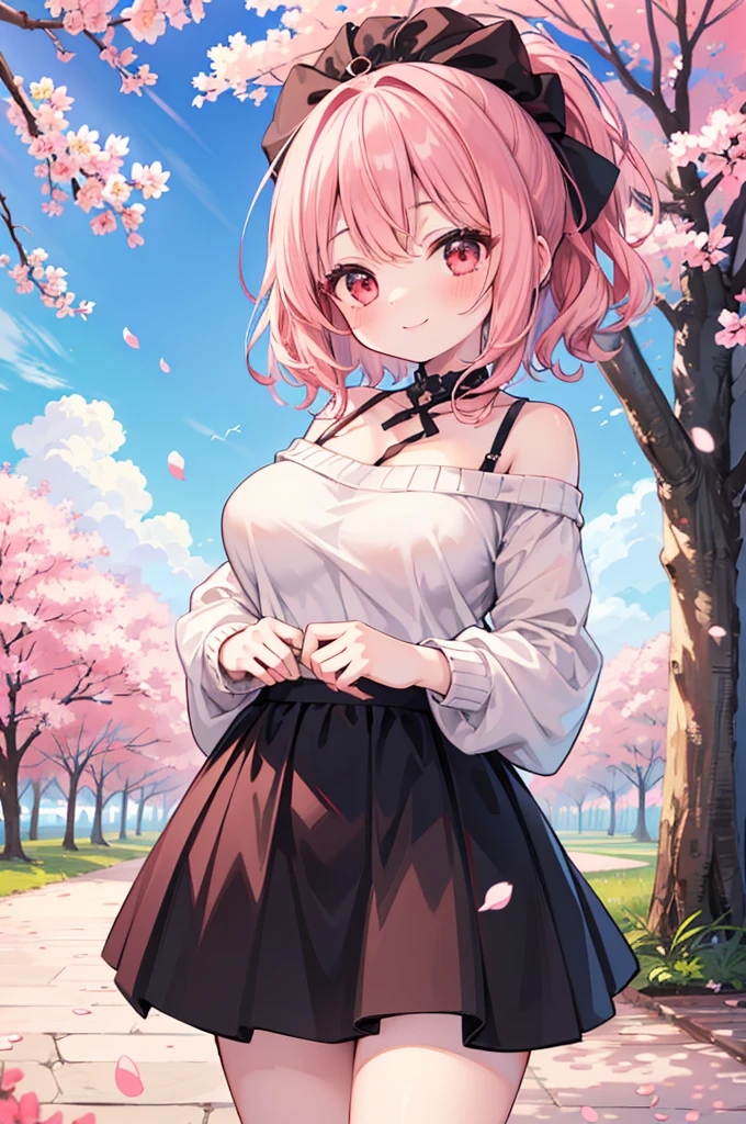 ((Masterpiece)),((high resolution)),((Best Quality)),Anime illustration,(((1girl))),,(wavy hair),(short hair),(pale pink hair color),small ponytail,Red eyes,(Big round eyes),((tareme)),15 years old,((loli face)),((very big breasts)),Short stature,,Off-the-shoulder sweater,(long maxi skirt),smile,Ladylike,cherry blossoms,