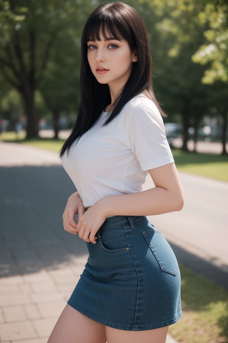 beautiful white skinned woman, European traits, beautiful and detailed eyes, long black hair with short bangs, huge tits, Skinny body, athletic and curvilinear, shirt,  miniskirt, thick thighs(photorealistic:1.4), (photo and gross) (photo and gross) (8k, 4k, Best Quality, high resolution, 超Una high resolution:1.1), (Mesa, realist, photorealistic:1.1)