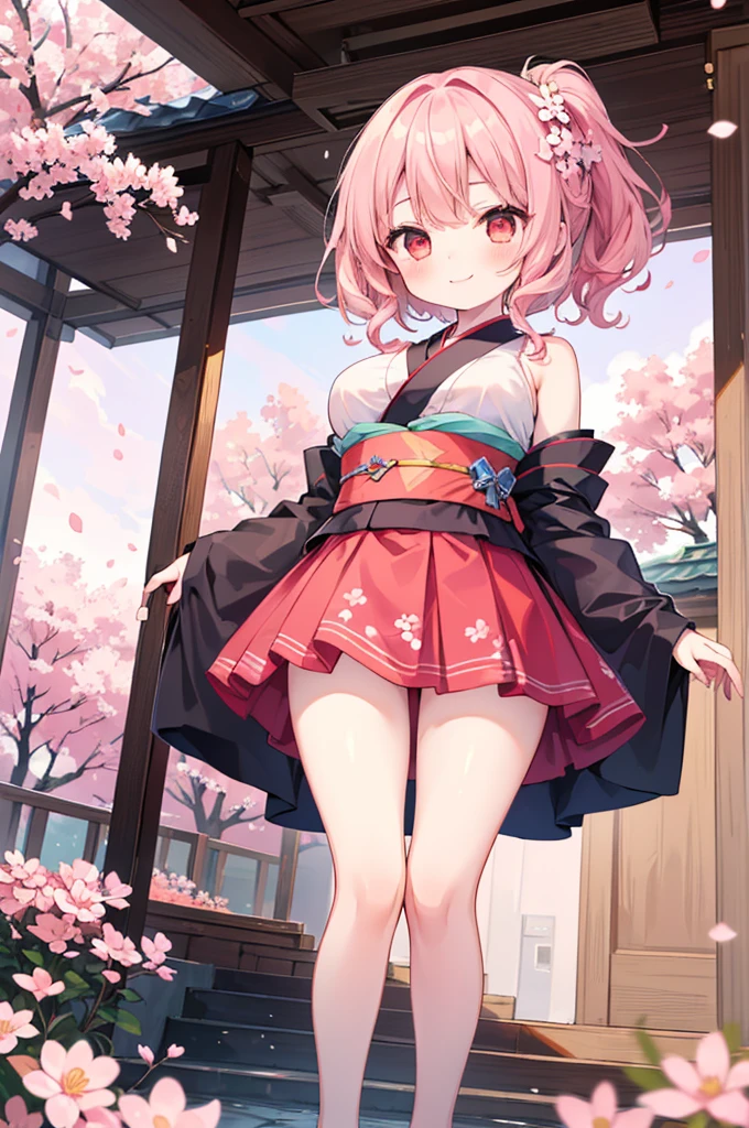 ((Masterpiece)),((high resolution)),((Best Quality)),Anime illustration,(((1girl))),,(wavy hair),(short hair),(pale pink hair color),small ponytail,Red eyes,(Big round eyes),((tareme)),,((loli face)),ry big breasts)),Short stature,,kimono,mini skirt,smile,Ladylike,cherry blossoms,