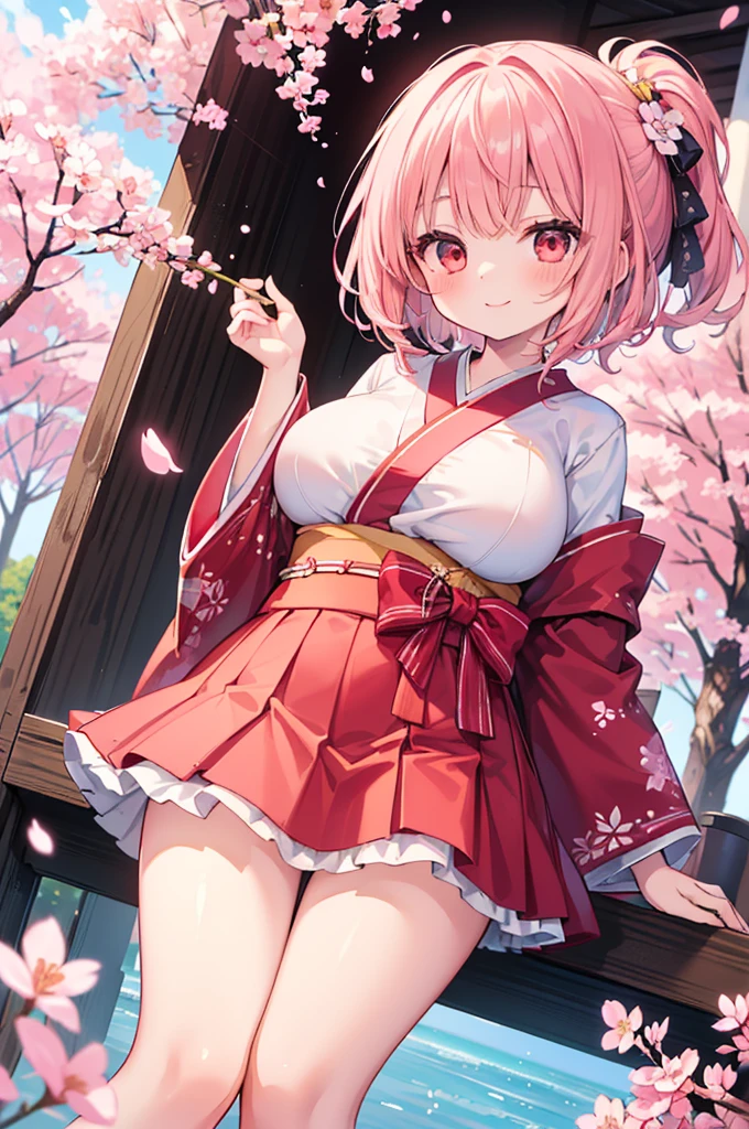((Masterpiece)),((high resolution)),((Best Quality)),Anime illustration,(((1girl))),,(wavy hair),(short hair),(pale pink hair color),small ponytail,Red eyes,(Big round eyes),((tareme)),15 years old,((loli face)),((very big breasts)),Short stature,,kimono,mini skirt,smile,Ladylike,cherry blossoms,