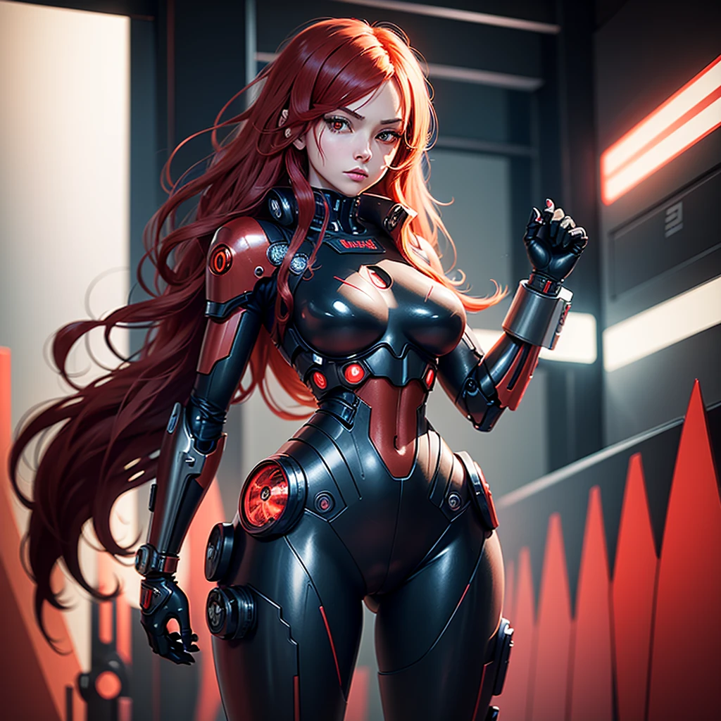 1 piece a lonely half cyborg mecha girl stands half sideways in a half turn she has a chic figure and big hips she has rich red long hair and red eyes and a black android suit with red elements a dark background image of cyberpunk mechanisms and red lights on a dark background