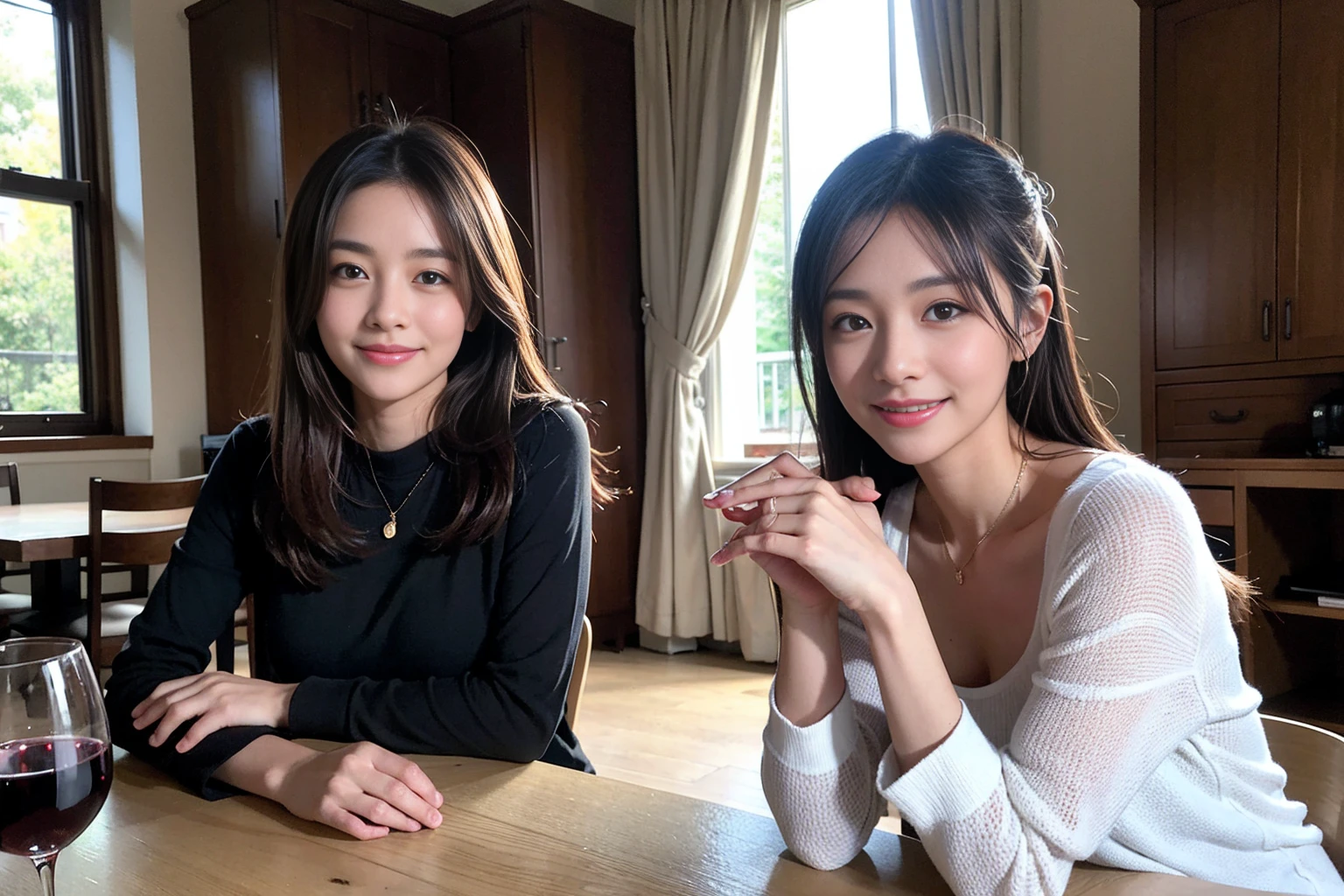 ((Highest quality、、masterpiece:1.3))、1 male、1 female,36 years old 39 years old、Shine the light on my face、Slim Beauty、Beautiful couple、Upper Body、smile、 (Slim face), (the body is スリム), (Brown Hair), (Shortcuts), テーブルのフルコースディナーとwine glass、Amazing view of the sunset sky and clouds、smileの美しさ、Wine bottle、sparkling wine、Long sleeve shirt、dress、White wine, red wine, wine glass, Beautiful fine grain, Depth f/2,saturation, High Contrast, Strong light and shadow,Moist Body:1.5、 texture、The hair is very shiny、