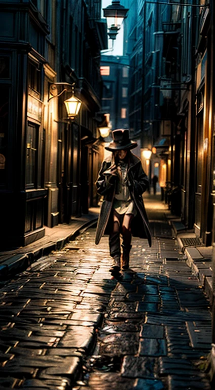 /imagine "A quiet cobblestone street at night illuminated by vintage street lamps. A solitary person wearing a long coat and hat strolls down the street, their silhouette against the soft, warm glow. Old buildings line the street, and the pavement reflects the light, creating a serene and peaceful atmosphere."