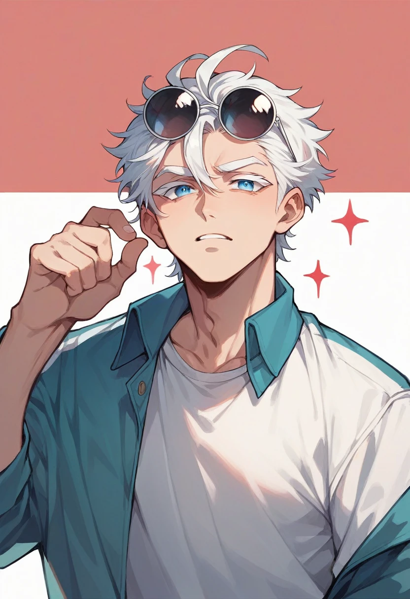 hot anime man, skin fair, super bright blue eyes, white eyelashes, messy white hair, very busty and with round sunglasses on his head