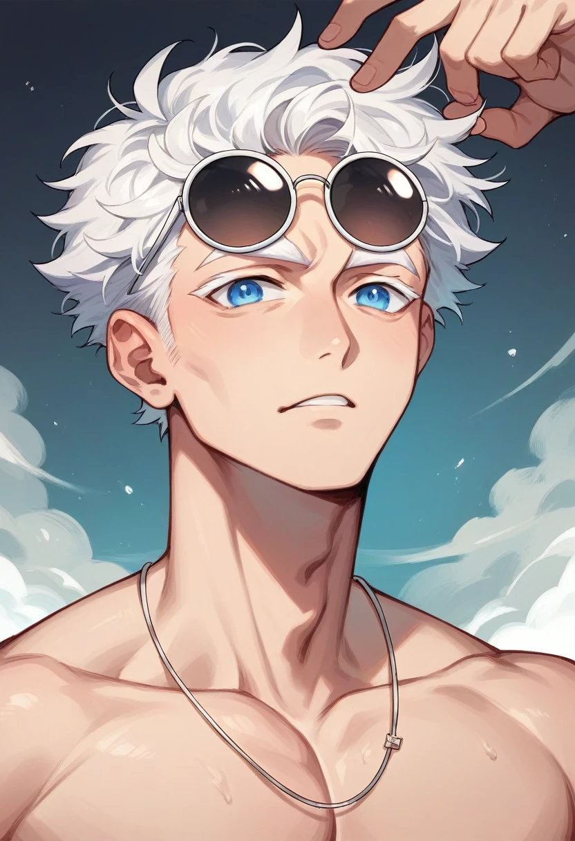 hot anime man, skin fair, super bright blue eyes, white eyelashes, messy white hair, very busty and with round sunglasses on his head