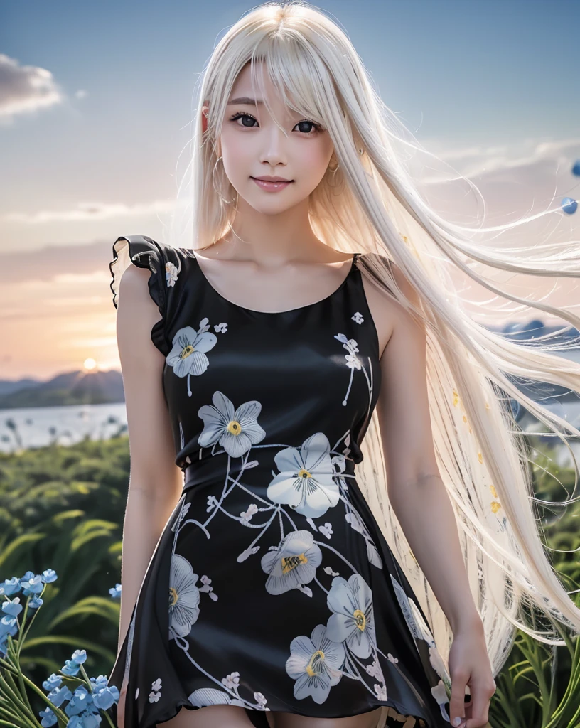 (Highest quality, 32k, High resolution, Masterpiece:1.5, ), marimo_jet, god々A photograph with brilliant dazzling and healing power., Evoking a sense of calm and elusive beauty, Expressing emotions, Have a rich imagination, Beautiful Japanese Girls, An exceptionally beautiful face, Small Face Beauty, Perfect Human Anatomy, Magical big eyes, Motherhood and generosity, Deep Love, fleeting smile, ((Shiny platinum blonde hair:1.4)), Super long straight silk hair swaying in the wind, Asymmetrical bangs, Hair between the eyes, Transparent, soft white skin, Sharp eyebrows, Thin lashes, Natural Makeup, Cheek highlighter, Detailed and perfect lips, Detailed and perfect teeth alignment, (black floral dress:1.7), High resolutionの完璧な鎖骨, High resolutionの美しい胸元, Slim figure with ample breasts, High resolutionの美しい太もも, ((Beautifully detailed skies:1.2)), ((Nemophila fields stretching to the horizon:1.2)), Professional photographer, Professional Lighting, Professional models, god秘的