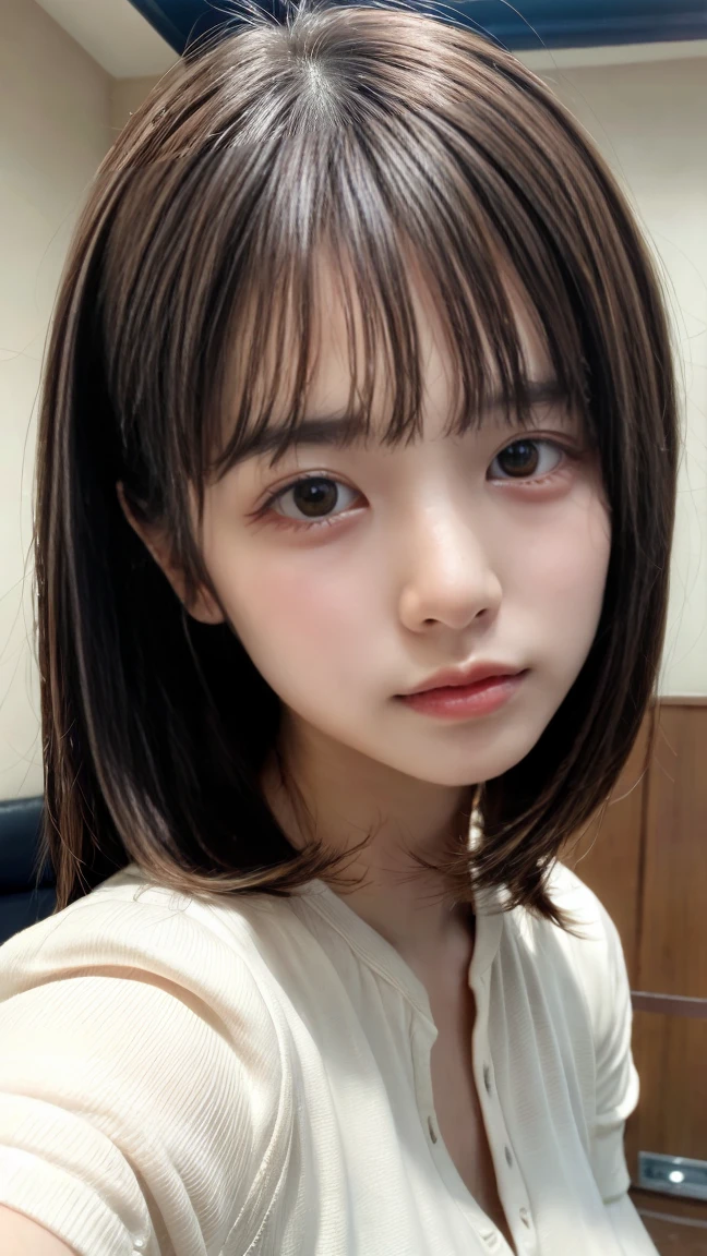 (Highest quality、masterpiece:1.2)、(Realistic、Photorealistic)、Beautiful woman、Well-formed face、Even out the eyes、Align your feet、Bright interior、Dark colored short sleeve shirt、Bright interior、Age 25, Light brown hair, Hair that falls over the shoulders, Parted bangs, Straight hair, Expressive hair, Shiny Hair, shy, Part your lips, Large Breasts, Surrealism, First Person View, Nikon, 超High resolution, Anatomically correct, Textured skin, Attention to detail, Highest quality, High resolution, 8K、(Selfie style)