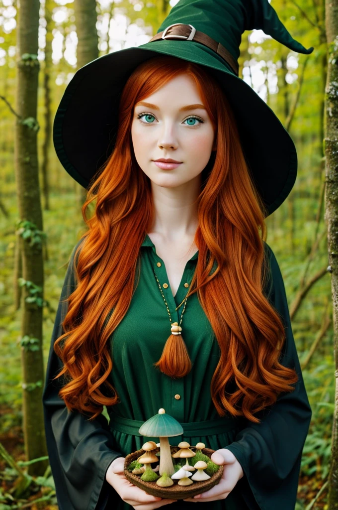 Cartoony drawing Ginger hair girl with green eyes, wearing a witch hat with mushrooms, flowers and nature