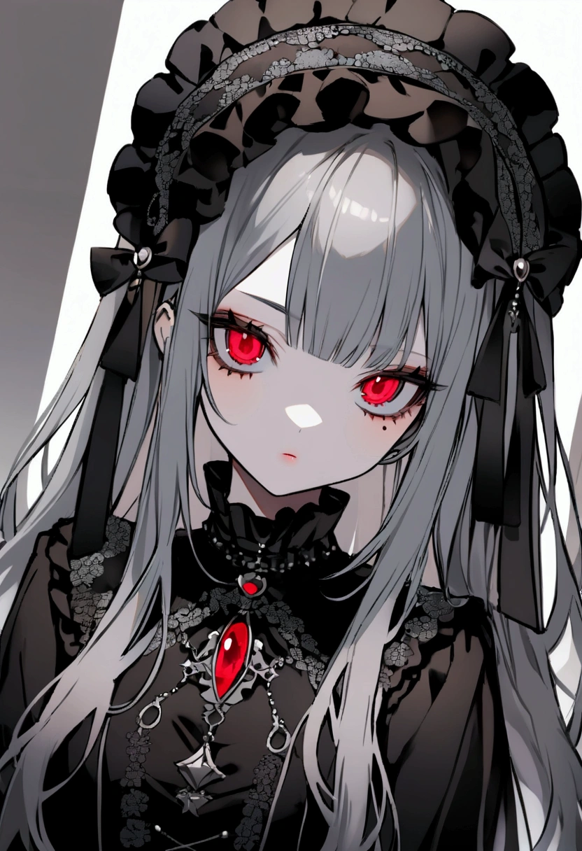 Teen Girl Characters。gray hair color、Glowing red eyes、Long Hair、There is a mole under the left eye。Without background、Depict people only。Gothic Lolita Fashion