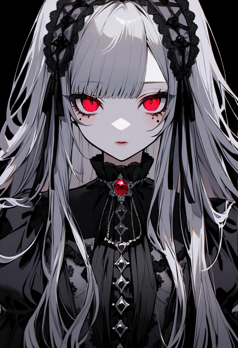 Teen Girl Characters。gray hair color、Glowing red eyes、Long Hair、There is a mole under the left eye。Without background、Depict people only。Gothic Lolita Fashion