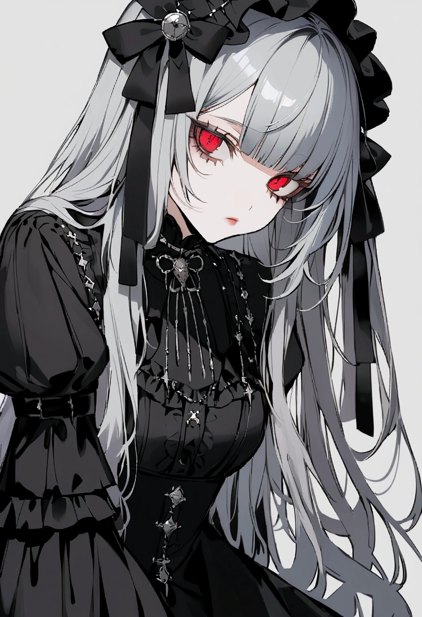 Teen Girl Characters。gray hair color、Glowing red eyes、Long Hair、There is a mole under the left eye。Without background、Depict people only。Gothic Lolita Fashion