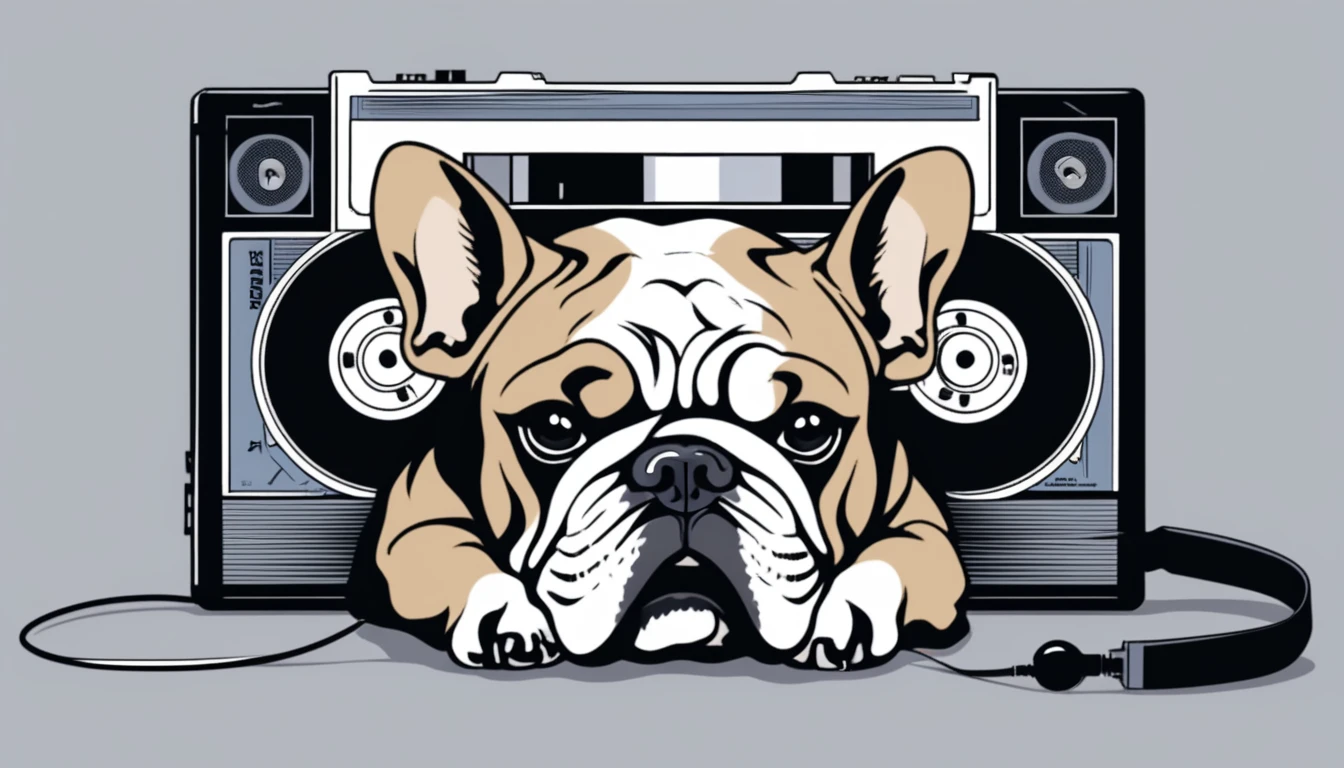 The cassette tape placed at the front、Realistic cassette tape size、Cassette tape facing forward、bulldog、Lying down、Gray background、headphone